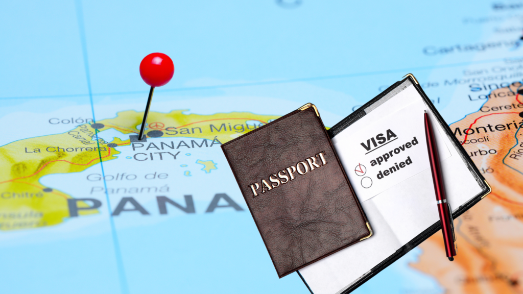 Map of Panama with a passport showing an approved visa for residency and citizenship benefits